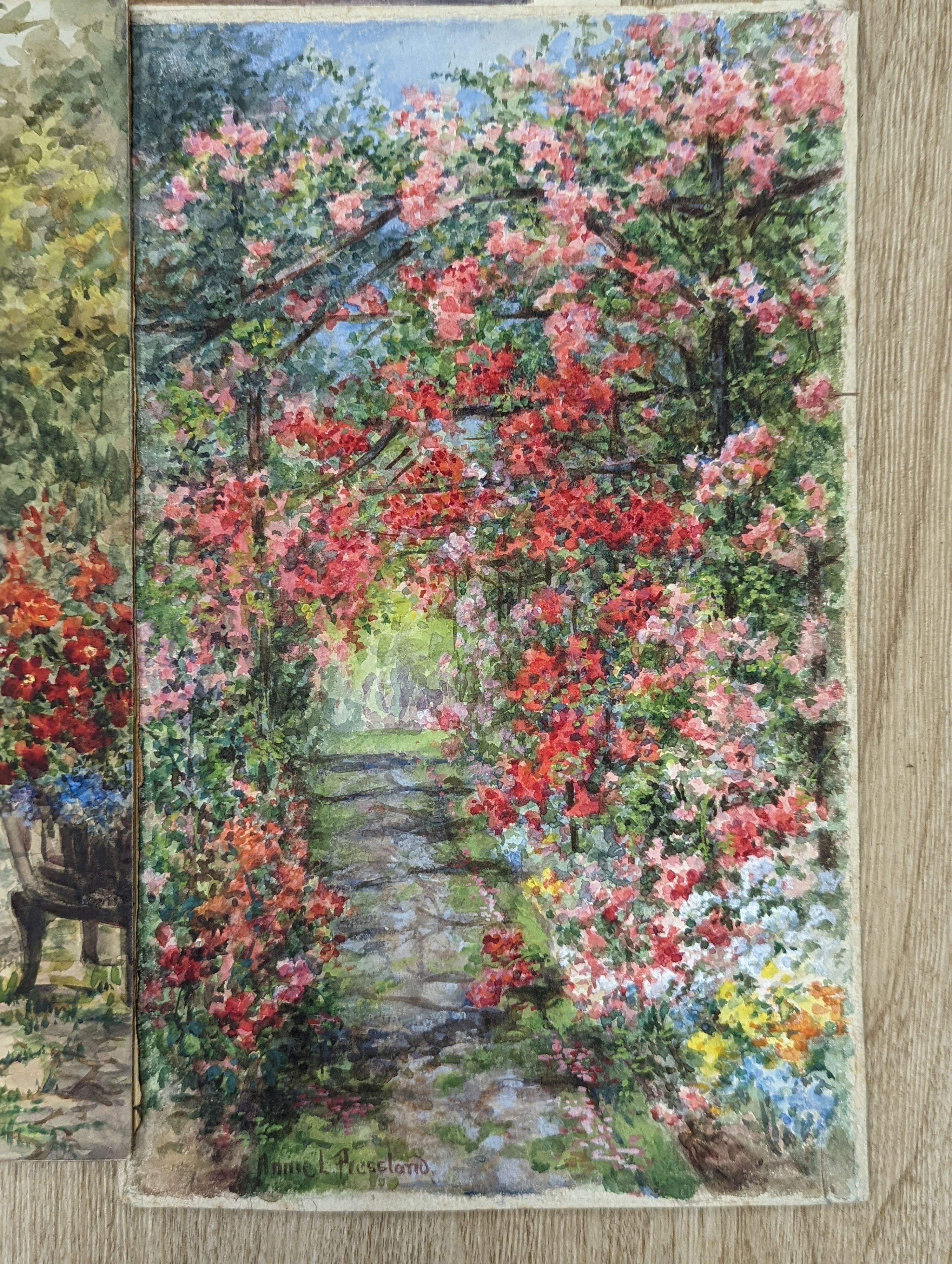 Annie Pressland (1862-1933), four watercolours; The Pergola, In The Rose Garden, The Rose Garden , Wannock & The Tea Court, Wannock, signed, 17.5 x 28cm. and two watercolours by George Goodall; A Glimpse of the Nile & An